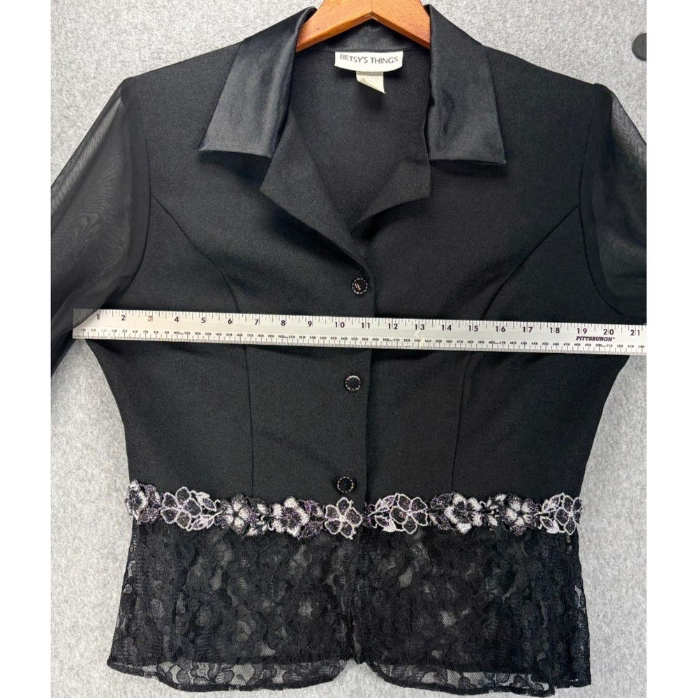 Vintage 80's 90's Sheer Black Top Jacket Lace Silver Metallic Goth Glam size 12 - Picture 14 of 15
